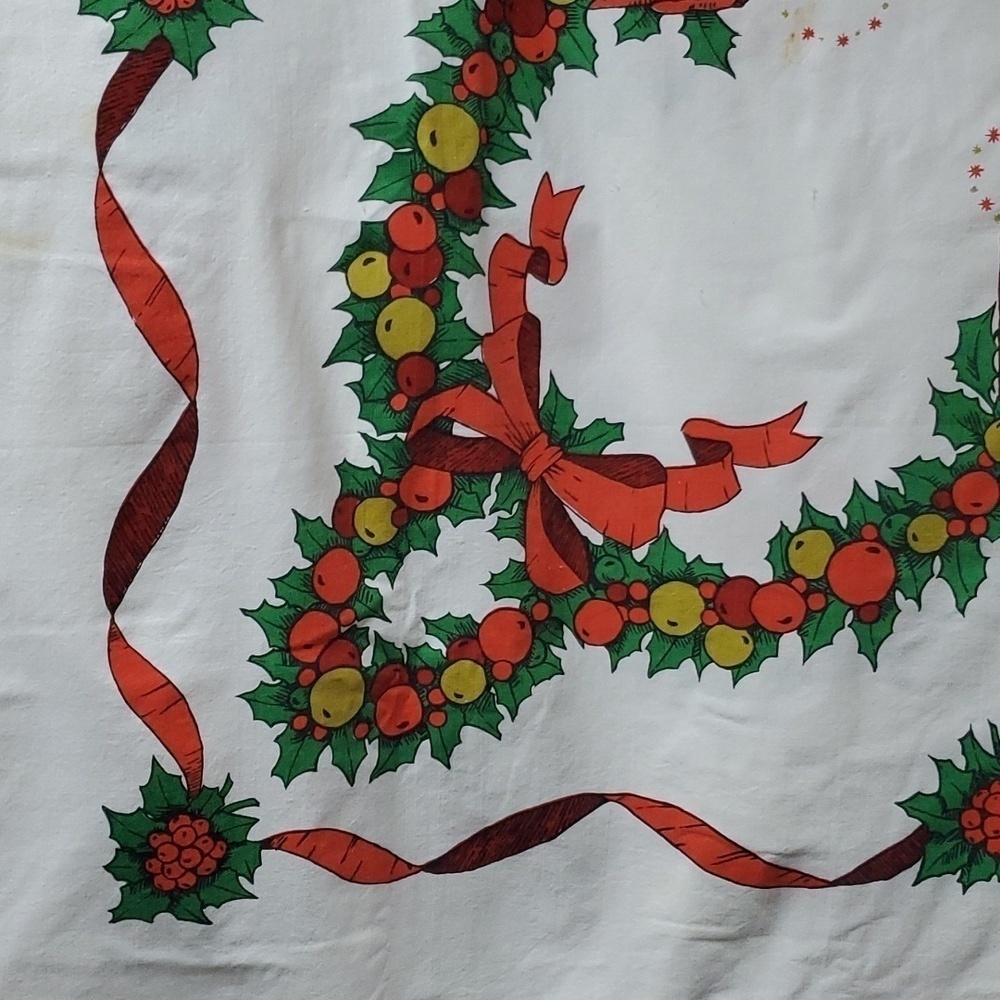 Vintage Christmas Tablecloth 72 x 60 candkes holly  euc